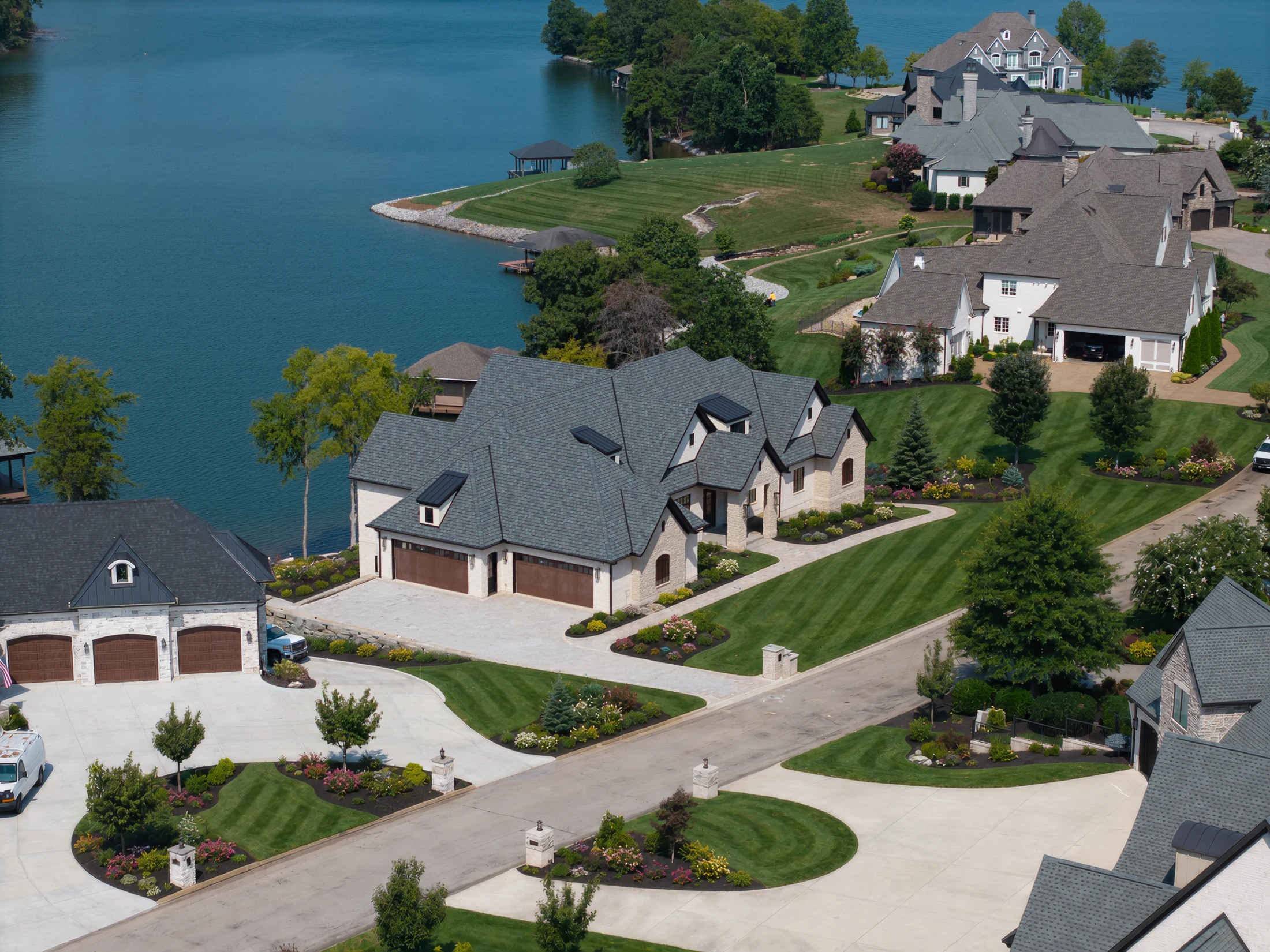 Aerial view of a Providence home in the Rarity Bay waterfront neighborhood